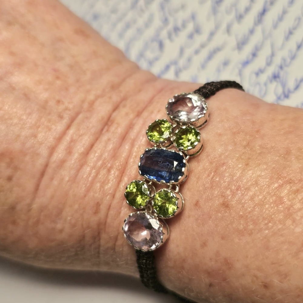 Iolite, Peridot, Amethyst BOHO Friendship bracelet, 7-gemstones,  silver setting